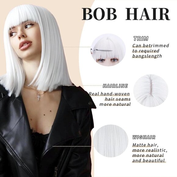 ? Women White Short Bob Wigs Straight Natural Pretty Party Cosplay Daily main image 5